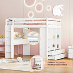 Lit mezzanine en bois pleine grandeur avec grandes étagères, bureau et éclairage LED