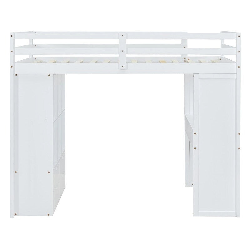 Lit mezzanine en bois pleine grandeur avec grandes étagères, bureau et éclairage LED