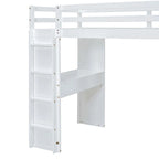 Lit mezzanine en bois pleine grandeur avec grandes étagères, bureau et éclairage LED