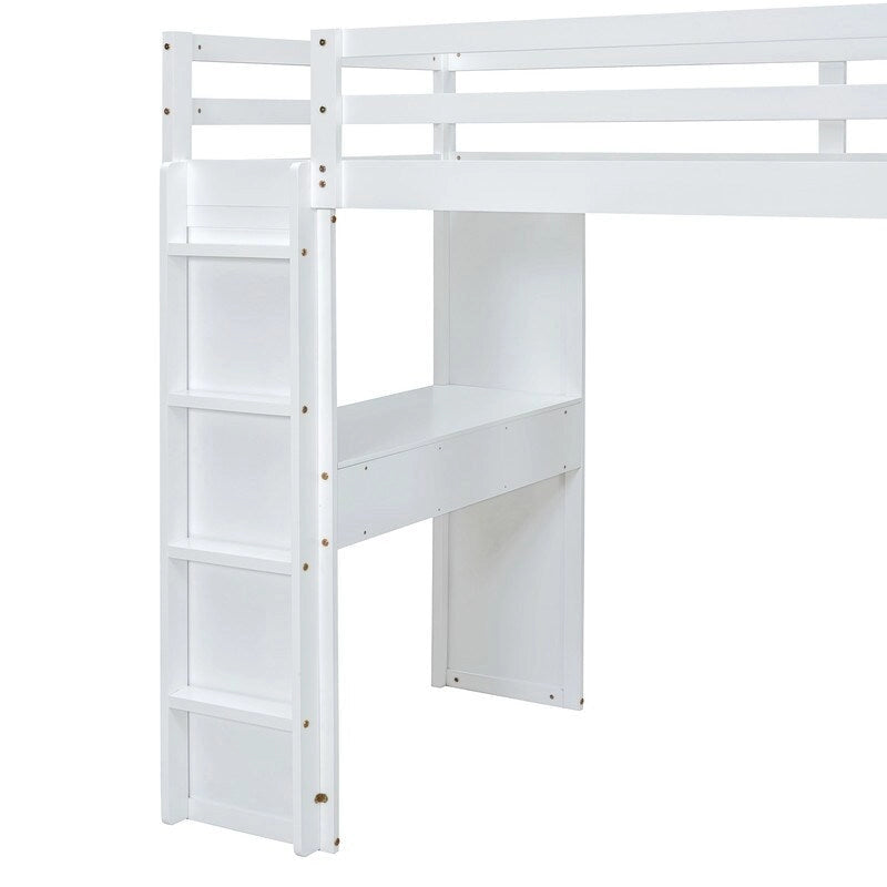 Lit mezzanine en bois pleine grandeur avec grandes étagères, bureau et éclairage LED