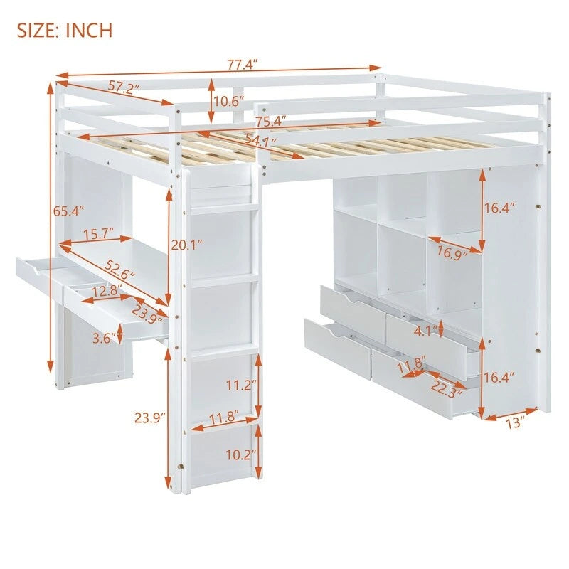 Lit mezzanine en bois pleine grandeur avec grandes étagères, bureau et éclairage LED