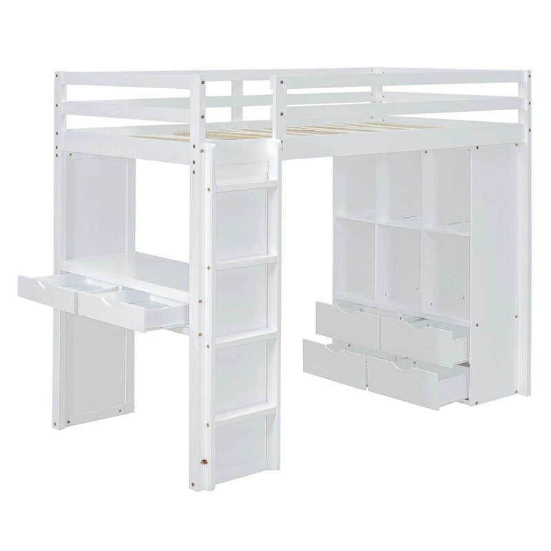 Lit mezzanine en bois pleine grandeur avec grandes étagères, bureau et éclairage LED