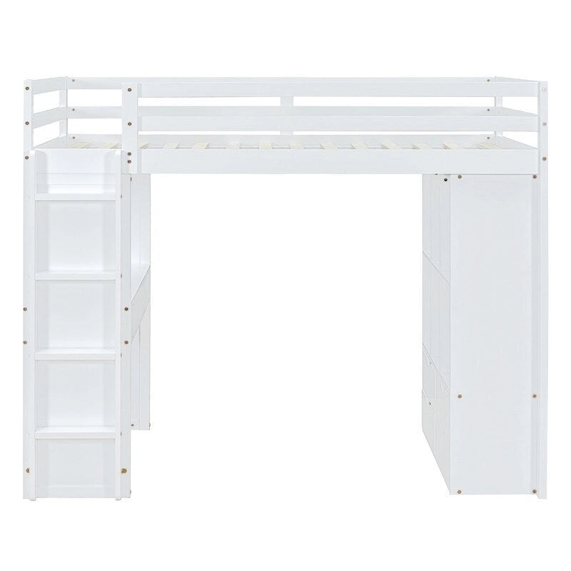 Lit mezzanine en bois pleine grandeur avec grandes étagères, bureau et éclairage LED