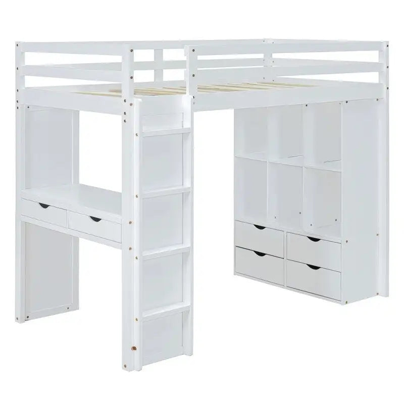 Lit mezzanine en bois pleine grandeur avec grandes étagères, bureau et éclairage LED