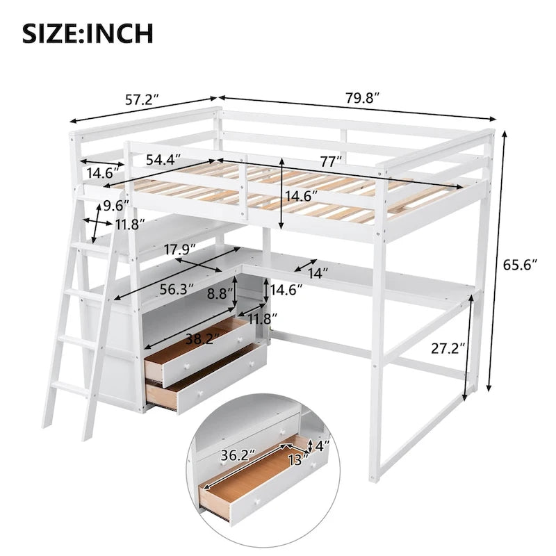 Lit mezzanine avec bureau et étagères, Deux tiroirs intégrés