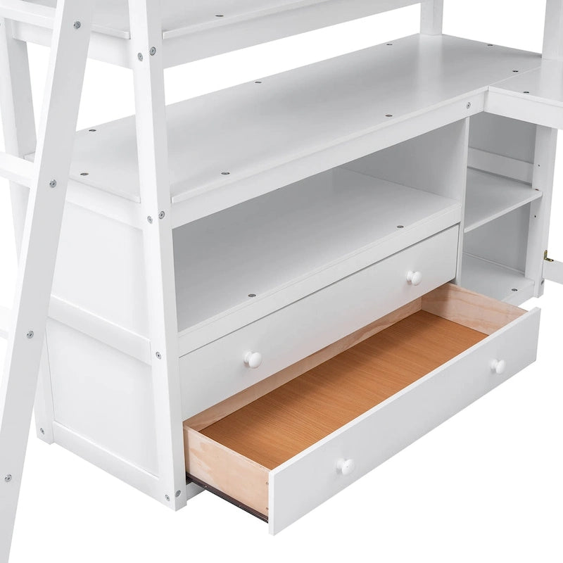 Lit mezzanine avec bureau et étagères, Deux tiroirs intégrés