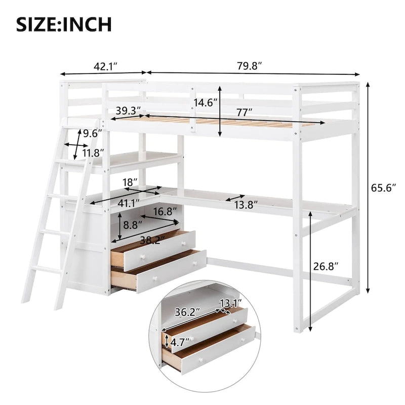 Lit mezzanine avec bureau et étagères, Deux tiroirs intégrés