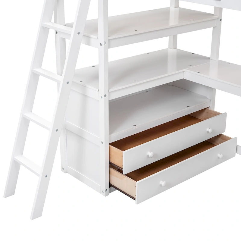 Lit mezzanine avec bureau et étagères, Deux tiroirs intégrés