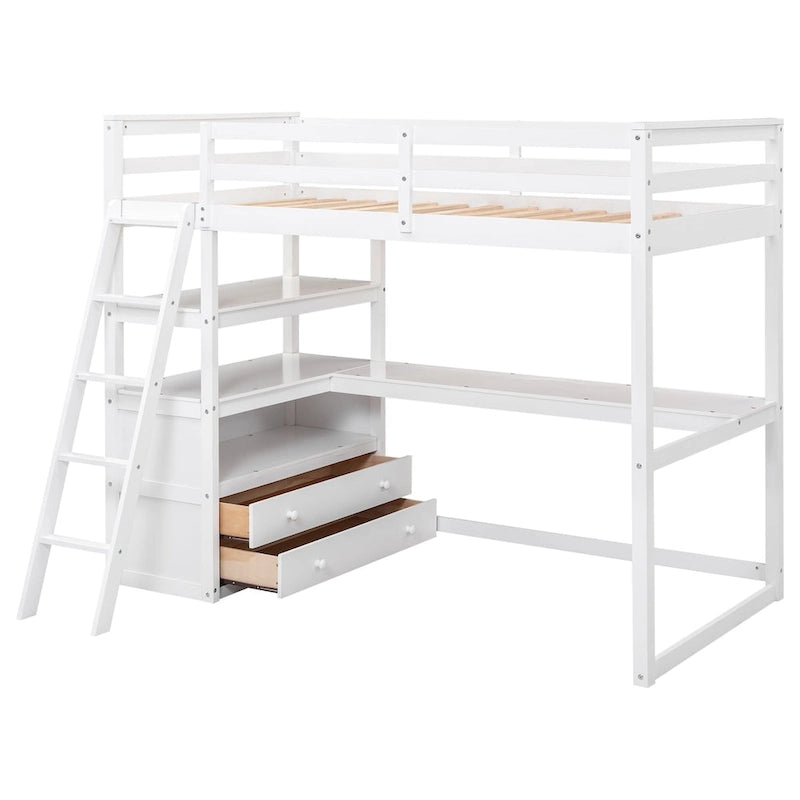 Lit mezzanine avec bureau et étagères, Deux tiroirs intégrés