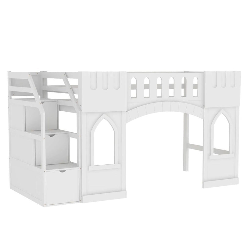 Lit mezzanine simple en bois avec escalier de rangement et fenêtre