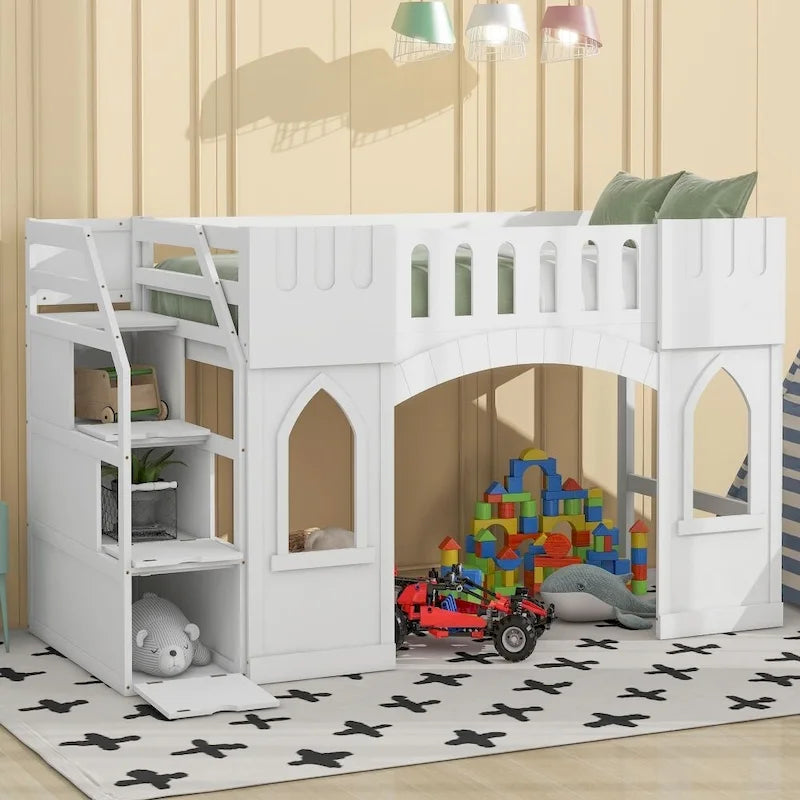 Lit mezzanine simple en bois avec escalier de rangement et fenêtre