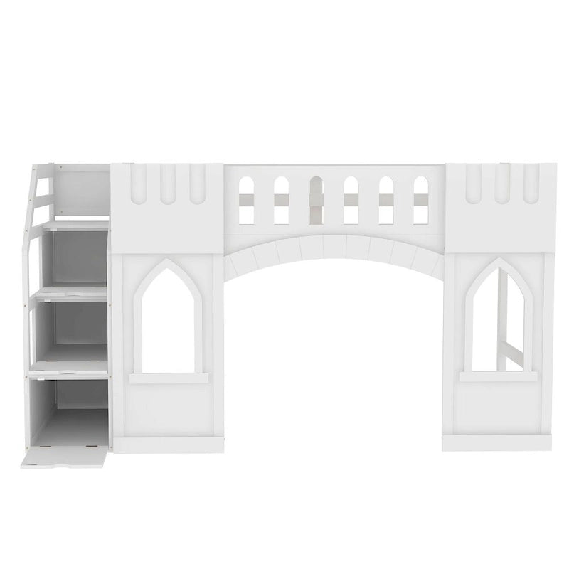 Lit mezzanine simple en bois avec escalier de rangement et fenêtre
