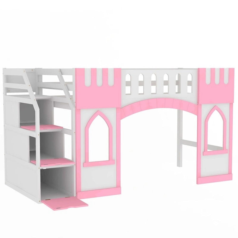 Lit mezzanine simple en bois avec escalier de rangement et fenêtre