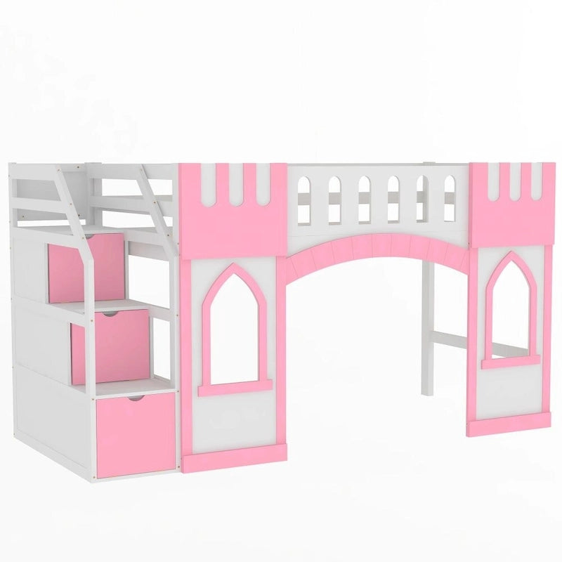 Lit mezzanine simple en bois avec escalier de rangement et fenêtre