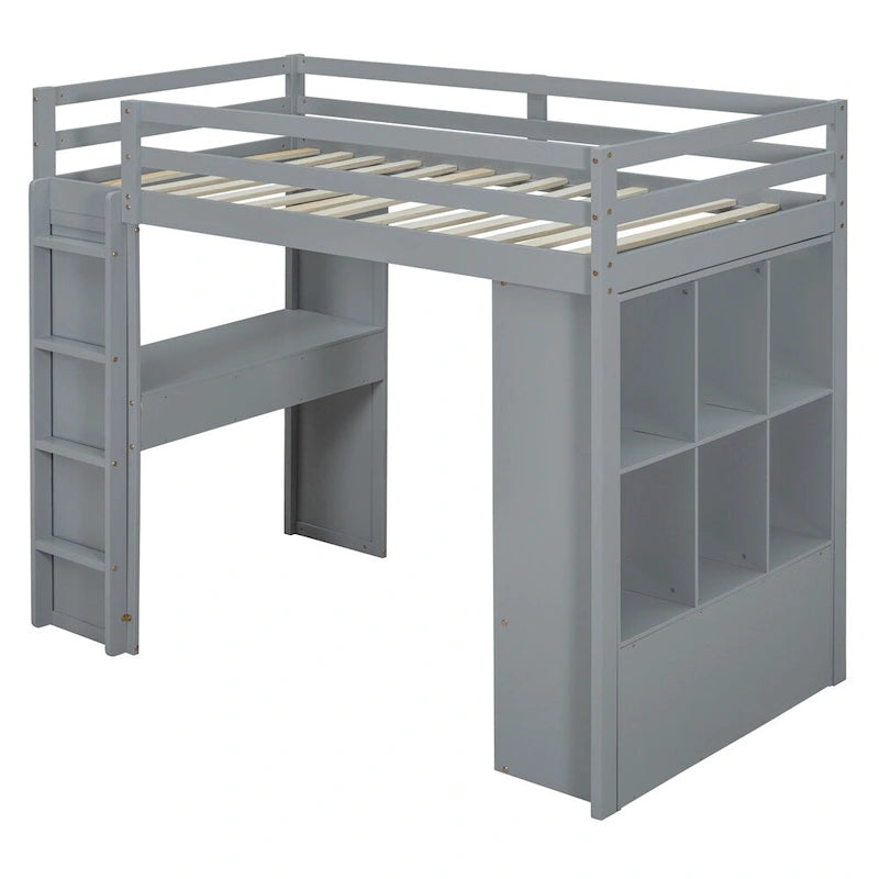 Lit mezzanine simple avec grandes étagères, bureau et éclairage LED