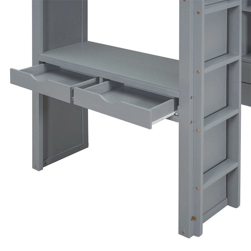 Lit mezzanine simple avec grandes étagères, bureau et éclairage LED