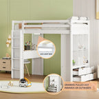 Lit mezzanine simple avec grandes étagères, bureau et éclairage LED