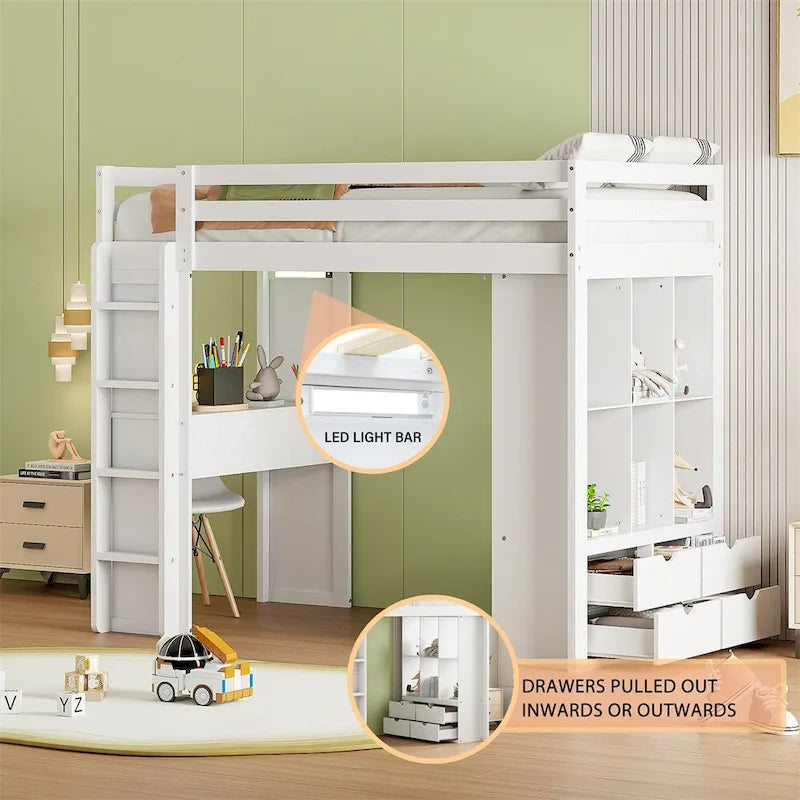 Lit mezzanine simple avec grandes étagères, bureau et éclairage LED