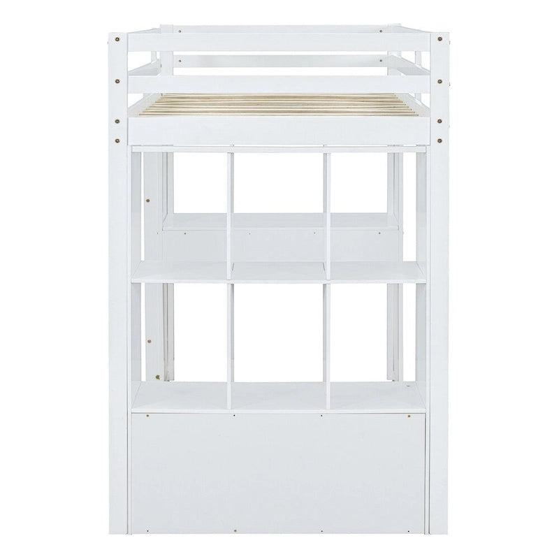Lit mezzanine simple avec grandes étagères, bureau et éclairage LED