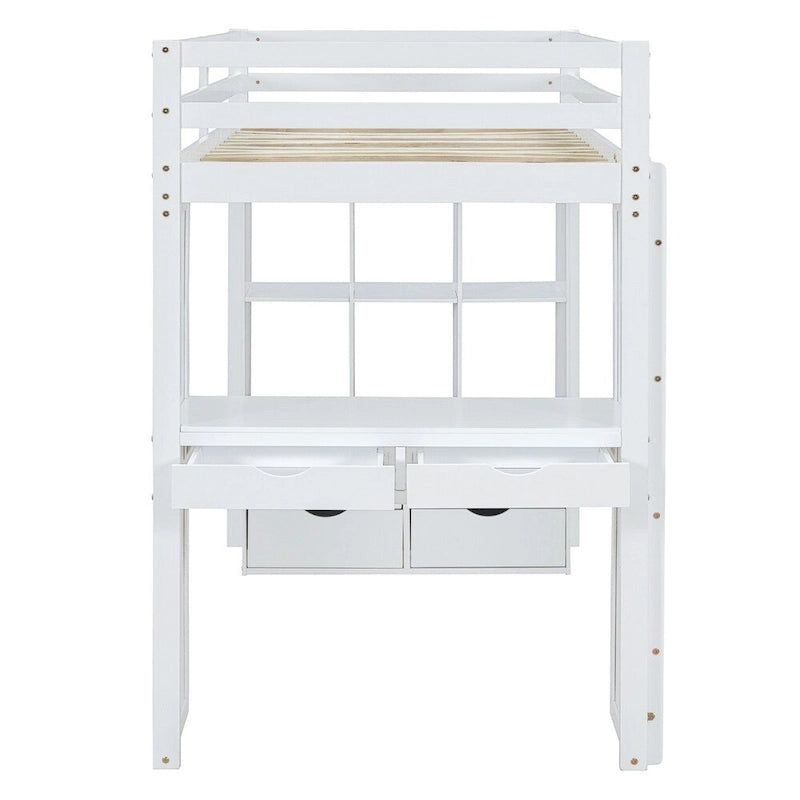 Lit mezzanine simple avec grandes étagères, bureau et éclairage LED