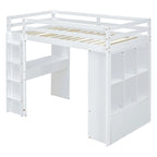 Lit mezzanine simple avec grandes étagères, bureau et éclairage LED
