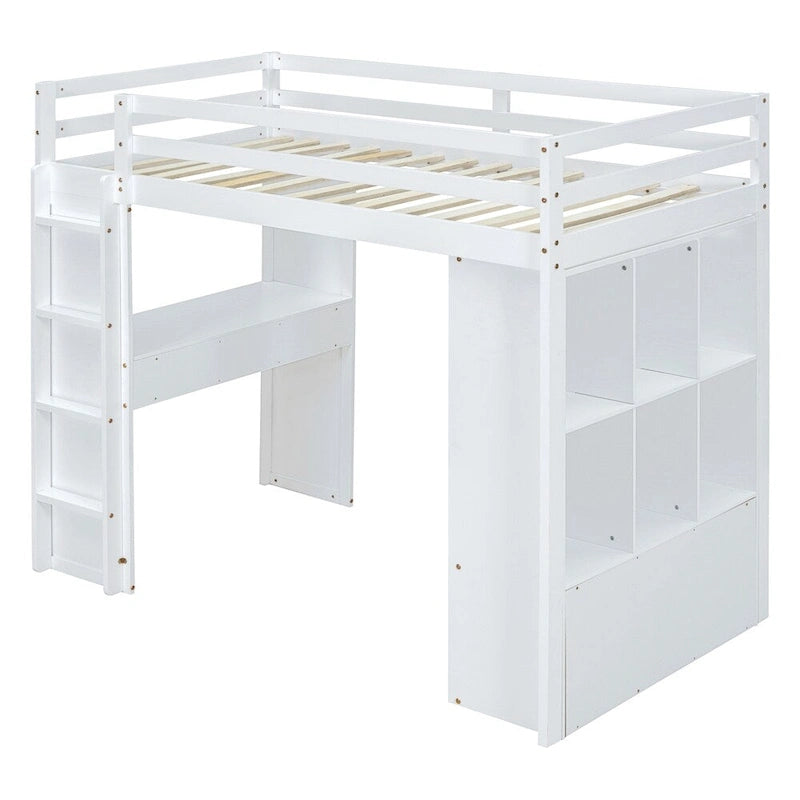 Lit mezzanine simple avec grandes étagères, bureau et éclairage LED