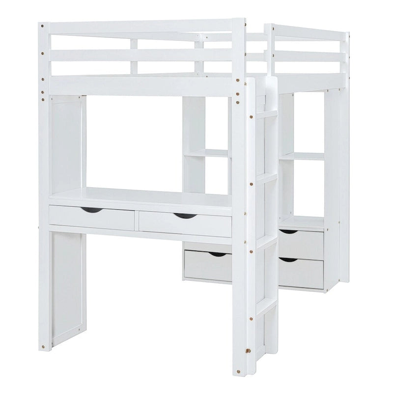 Lit mezzanine simple avec grandes étagères, bureau et éclairage LED