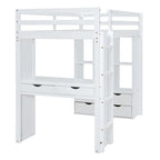 Lit mezzanine simple avec grandes étagères, bureau et éclairage LED