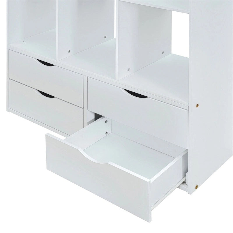 Lit mezzanine simple avec grandes étagères, bureau et éclairage LED