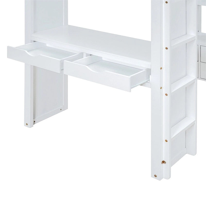 Lit mezzanine simple avec grandes étagères, bureau et éclairage LED