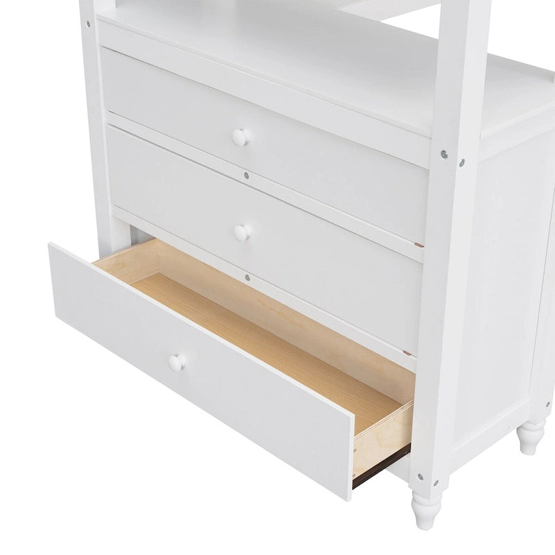 Lit mezzanine blanc en bois massif, simple, avec commode à tiroirs, bureau et étagères