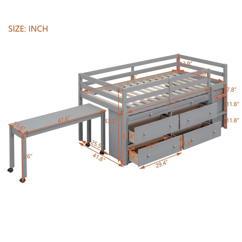 Lit mezzanine jumeau avec bureau rétractable et 4 tiroirs