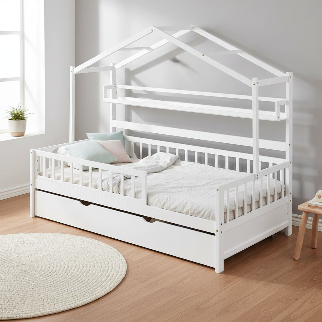 White Wooden House Bed with Twin Trundle and Shelf, Full-Length Guardrail