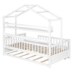 Lit cabane en bois blanc avec lit gigogne double et étagère, barrière de sécurité pleine longueur
