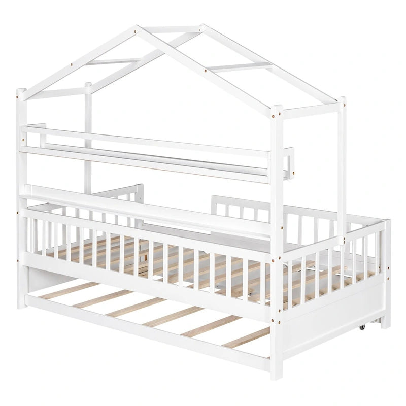 Lit cabane en bois blanc avec lit gigogne double et étagère, barrière de sécurité pleine longueur