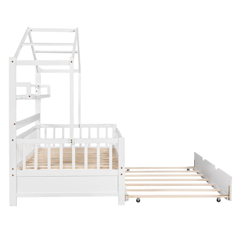 Lit cabane en bois blanc avec lit gigogne double et étagère, barrière de sécurité pleine longueur