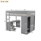 Gray Pine Wood Loft Bed with Wardrobes, 2-Drawer Desk, and Cabinet, Full-Length Guardrail