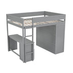 Lit mezzanine en bois de pin gris avec armoires, bureau à 2 tiroirs et placard, garde-corps pleine longueur
