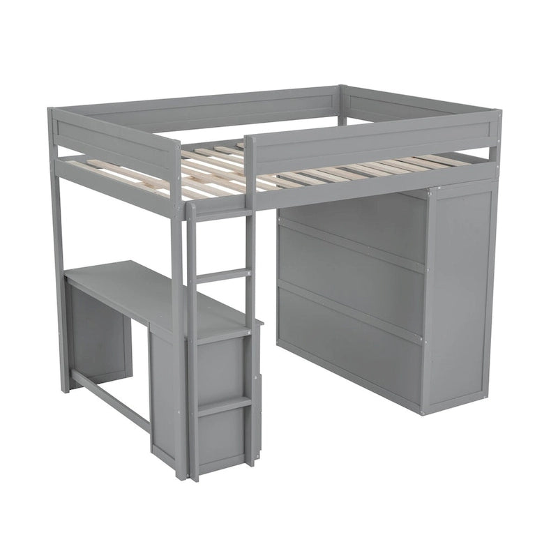 Lit mezzanine en bois de pin gris avec armoires, bureau à 2 tiroirs et placard, garde-corps pleine longueur