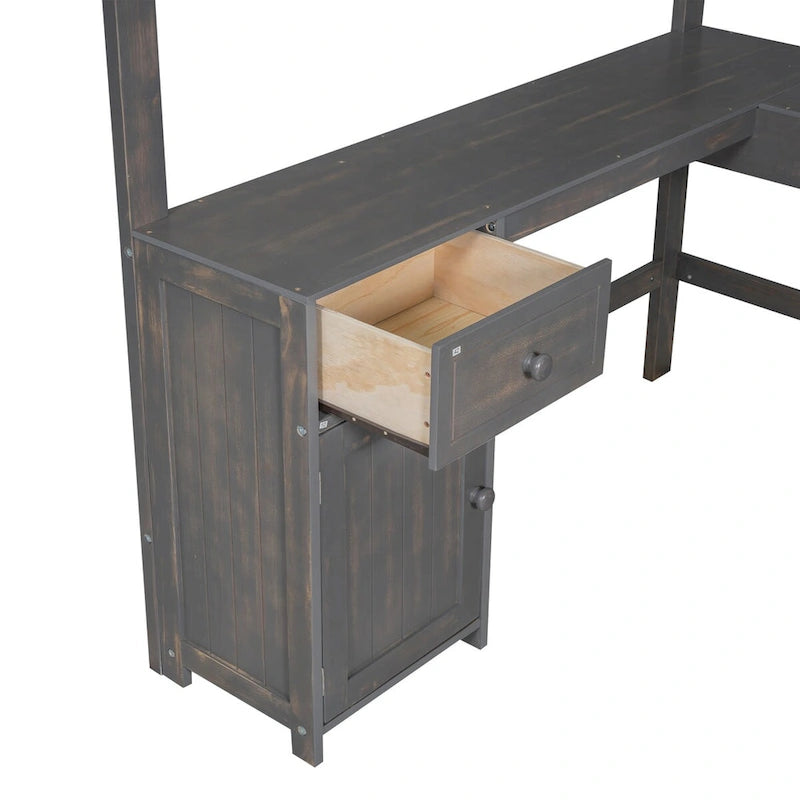 Lit mezzanine avec bureau en U, tiroirs et étagères de rangement, tailles double/simple