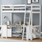 Lit mezzanine avec bureau en U, tiroirs et étagères de rangement, tailles double/simple