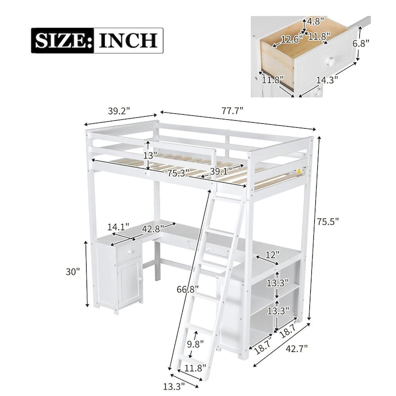 Lit mezzanine avec bureau en U, tiroirs et étagères de rangement, tailles double/simple