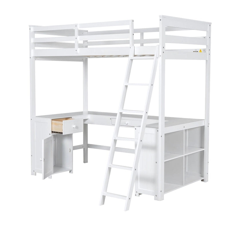 Lit mezzanine avec bureau en U, tiroirs et étagères de rangement, tailles double/simple