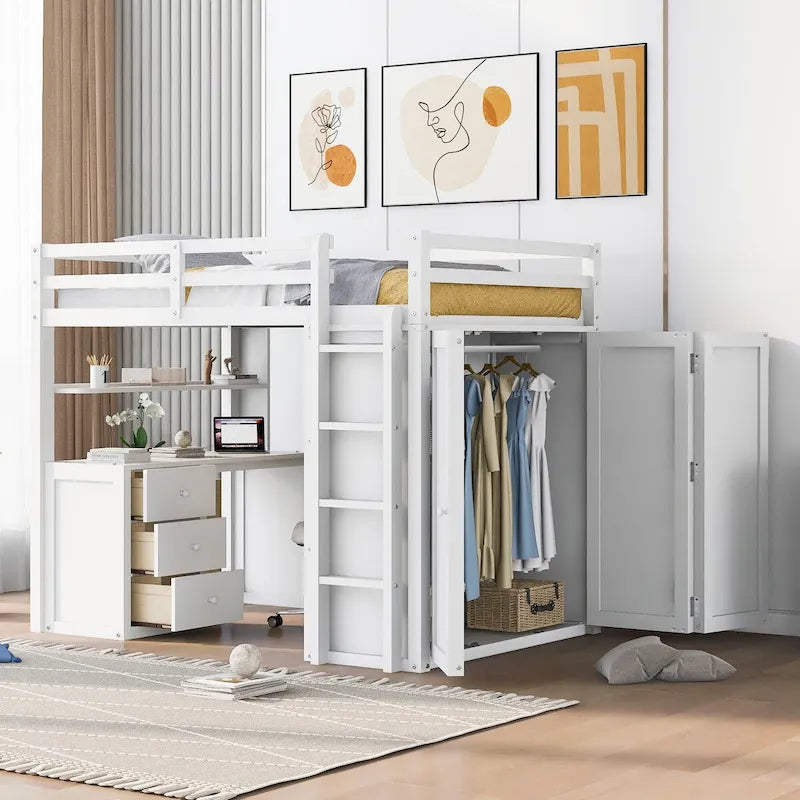 Lit mezzanine blanc multifonctionnel en pin avec bureau, armoire, tiroirs, étagères