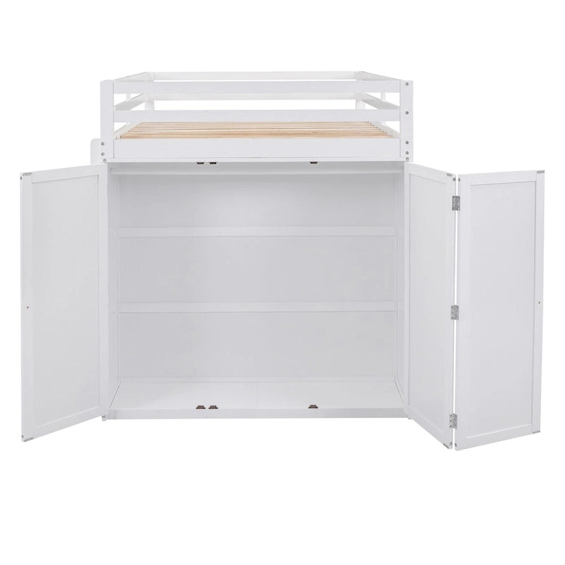 Lit mezzanine blanc multifonctionnel en pin avec bureau, armoire, tiroirs, étagères