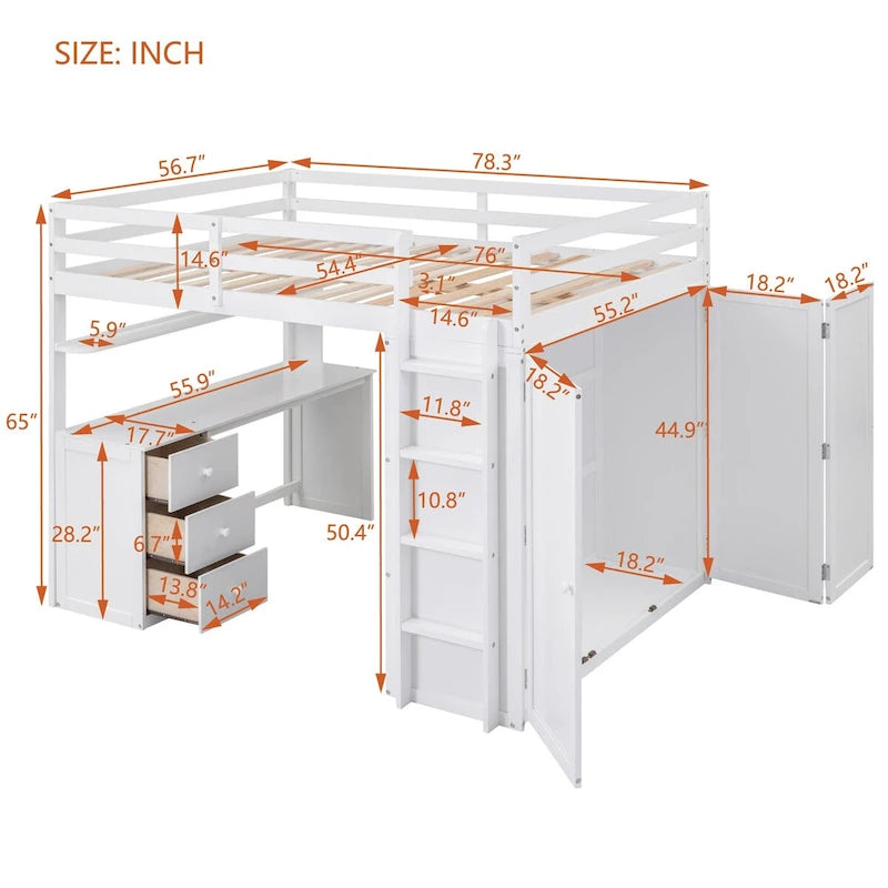 Lit mezzanine blanc multifonctionnel en pin avec bureau, armoire, tiroirs, étagères
