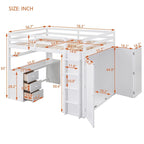 Lit mezzanine blanc multifonctionnel en pin avec bureau, armoire, tiroirs, étagères