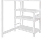 Lit mezzanine jumeau blanc en bois avec étagères, bureau, tableau d'écriture, barrière de sécurité