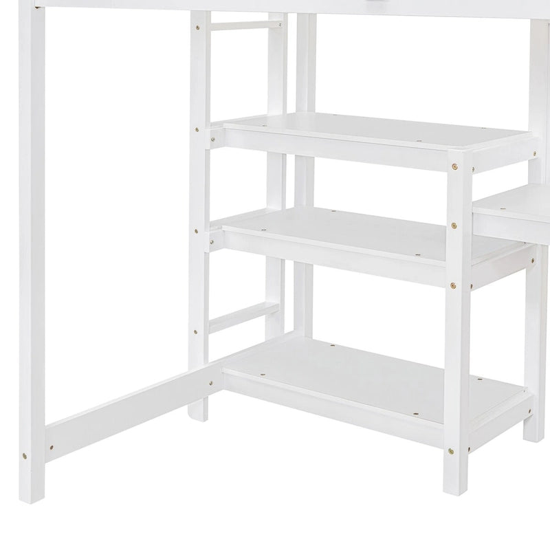 Lit mezzanine jumeau blanc en bois avec étagères, bureau, tableau d'écriture, barrière de sécurité