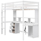 Lit mezzanine double/grand avec bureau de rangement multiple, lumière LED et tablette de chevet, station de recharge, blanc